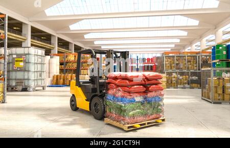 carrello elevatore in azione all'interno di un magazzino pieno di merci. rendering 3d. Foto Stock