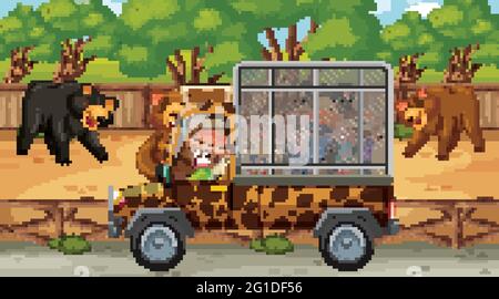 Safari scena con molti orsi e bambini in auto turistica illustrazione Illustrazione Vettoriale