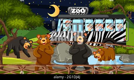 Safari nella scena notturna con molti bambini che guardano l'illustrazione del gruppo di orsi Illustrazione Vettoriale