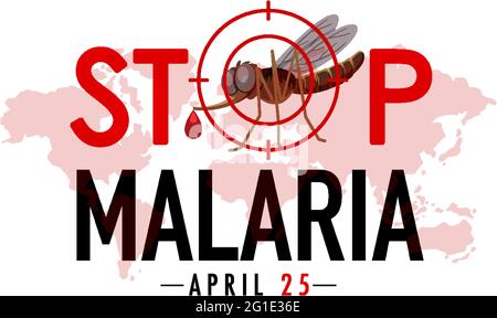 Stop malaria logo o banner con zanzara sulla mappa del mondo immagine di sfondo Illustrazione Vettoriale