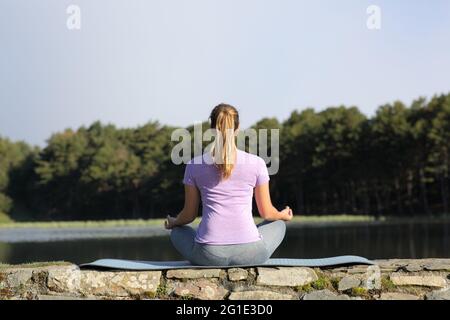 Vista posteriore di una donna che fa esercizio di yoga in natura una giornata di sole Foto Stock