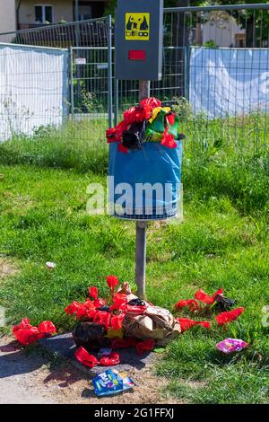 Bidone di rifiuti in eccesso, sacco per l'escrezione di cani, Baden-Wuerttemberg, Germania Foto Stock