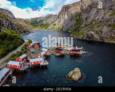 Aereo del villaggio di Nusfjord, Lofoten, Norvegia Foto Stock