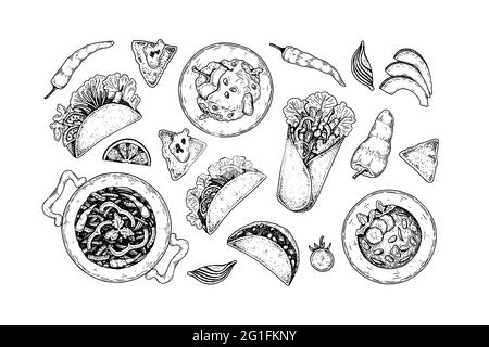 Set di piatti messicani disegnati a mano. Illustrazione vettoriale nello stile di schizzo Illustrazione Vettoriale