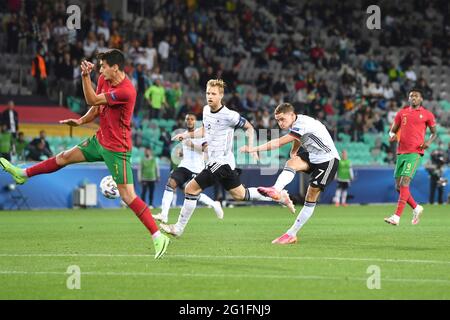 Lubiana, Slowenien. 06 giugno 2021. Goalchance Florian Wirtz (GER), azione, scatto. Germania (GER) - Portogallo (por) 1-0, Calcio U-21, FINALE UEFA Under21 Campionato europeo 2021 in Ungheria/Slovenia il 06.06.2021 a Lubiana, Stozice Stadium. Credit: dpa/Alamy Live News Foto Stock