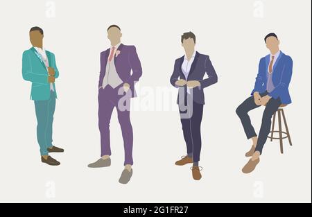 Quattro uomini di colore diverso e razza in posa in elegante ufficio casual in abiti scarpe stivali in piedi seduto illustrazione vettoriale Illustrazione Vettoriale