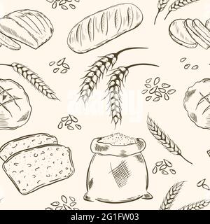 Modello senza cuciture con grani, pane e spighe di grano, vettore. Sfondo ripetuto con prodotti da forno. Prodotti da forno. Disegno a mano di cibo organico. Illustrazione Vettoriale