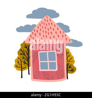 Cute piccola casa disegnata a mano semplice su uno sfondo bianco isolato. Stampa per il design della t-shirt. Illustrazione rosa per bambini. Casa da favola Illustrazione Vettoriale