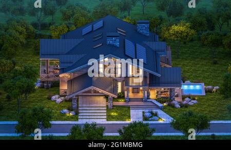 rendering 3d di chalet moderno e accogliente con piscina e parcheggio in vendita o in affitto. Colonne di travi in legno massiccio. Belle montagne forestali sullo sfondo. Cl Foto Stock