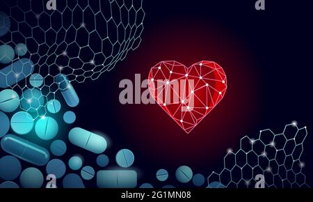 3D cuore medicina medicina di trattamento. La salute umana vascolare diagnostica sistema di organi pillola di vitamine. La cardiologia cuore proteggere il concetto. Bassa poli vettore Illustrazione Vettoriale