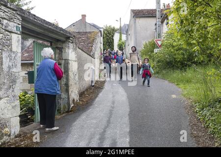 Francia, Indre et Loire, Rilly-sur-Vienne, transumanza delle pecore dei Pastori di Veude in Chaveignes, verso le colline calcaree di Rilly-sur-Vienne, i prati appartenenti al Consiglio dipartimentale sono classificati ZNIEFF (aree naturali di interesse ecologico in faunistico e floristico) Foto Stock