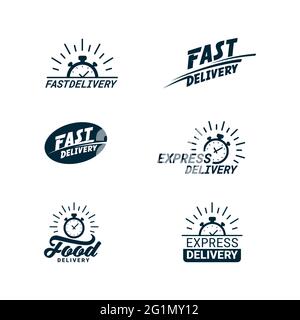 Set di icone monocromatiche relative alla consegna. Logo con timer e iscrizioni per consegne rapide, alimentari o rapide. Illustrazione vettoriale di stile piatto isolata o Illustrazione Vettoriale