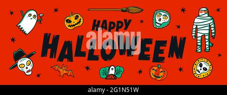 Banner orizzontale di Halloween con allegro testo scritto a mano halloween e divertenti mostri. Illustrazione vettoriale in stile cartoon su sfondo rosso Illustrazione Vettoriale