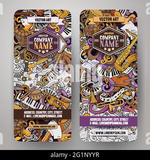 Cartoon carino vettore colorato Doodles disegnati a mano Musica classica identità aziendale. 2 banner verticali. Set di modelli. Tutti gli oggetti sono separati Illustrazione Vettoriale