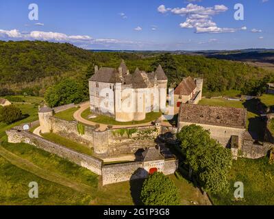 Francia, Dordogna, Perigord nero, Sainte Mondane, Castello di Fenelon (vista aerea) Foto Stock