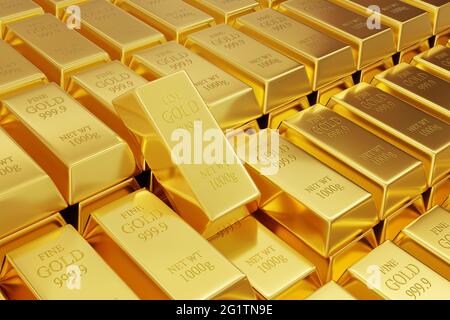 Un sacco di 999.9 1kg di barre d'oro riempiono l'intero schermo e sfondo. Illustrazione del concetto finanziario e rappresentazione della ricchezza e della riserva. Foto Stock