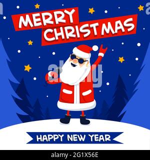 Rock-n-roll Santa. Canto Babbo Natale - rock star con buon natale su sfondo blu natale. Poster hipster natalizio per la festa. Xmas greetina Illustrazione Vettoriale