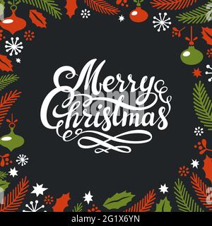 Buon biglietto d'auguri di Natale. Banner natalizio con abeti, foglie, rami, palle e allegra scritta natalizia su sfondo scuro. Vettore di stile piatto Illustrazione Vettoriale