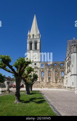 Vista della Chiesa abbaziale di Saint Pierre Ruin a Beaulieu-lès-Loches, Indre-et-Loire (37), Francia. Foto Stock