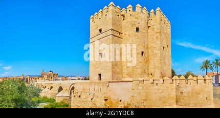 Panorama dal fiume Guadalquivir argine con la Torre di Calahorra e il Ponte Romano, Cordoba, Spagna Foto Stock