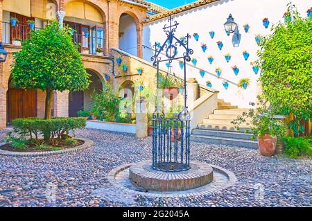 Il Cordovan patio del mercato artigianale comunale di ACA Zoco è decorato da vasi blu con piante e fiori, Cordoba, Spagna Foto Stock