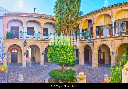 Il giardino alla corte della casa medievale de las Bulas, che serve come il mercato artigianale comunale di Cordoba, situato a Juderia, Spagna Foto Stock