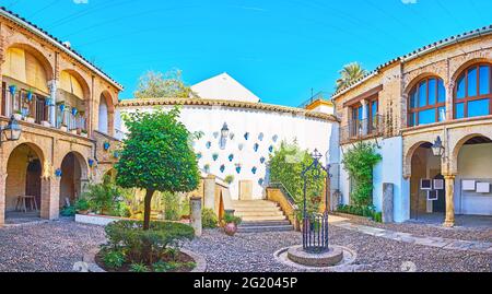 Panorama della pittoresca corte del mercato artigianale ACA Zoco, situato nella storica Casa de las Bulas, Juderia, Cordoba, Spagna Foto Stock