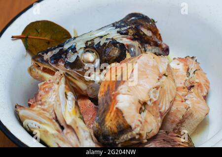 Pezzi di pesce bollito in un piatto che sembrano naturali. Testa di pesce bollito Foto Stock