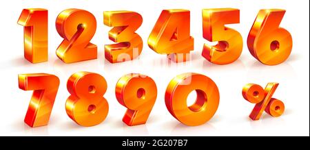 Serie vettoriale di numeri arancione-rosso lucido 1, 2, 3, 4, 5, 6, 7, 8, 9, 0 segni e % di segno di percentuale. adatto per l'uso su banner pubblicitari, poster volantini Illustrazione Vettoriale