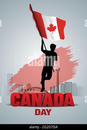 Happy Canada day. Illustrazione vettoriale di uomo canadese con bandiera. Poster, banner , modello di disegno Illustrazione Vettoriale