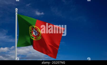 Bandiera nazionale della Repubblica portoghese, che sventola nel vento. Rendering 3d, CGI Foto Stock