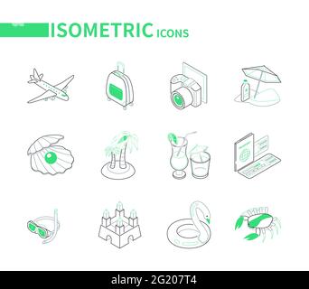 Vacanza in spiaggia e viaggi - set di icone isometriche. Immagini colorate di un aereo, bagaglio, macchina fotografica, palme, perla, cocktail, passaporto e biglietti. S Illustrazione Vettoriale