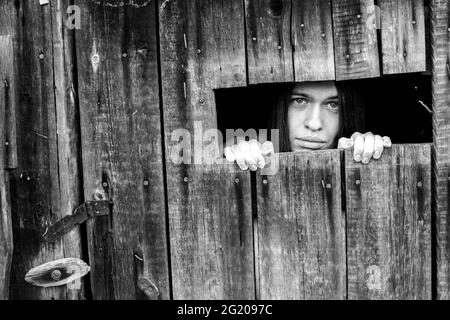 Una donna che guarda attraverso la fessura di un capannone di legno bloccato. Foto in bianco e nero. Foto Stock