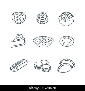 Diversi prodotti di pasticceria. Dessert. Semplici icone lineari di torta, torta, pretzel, panino, rotolo, cheesecake, bagel, macaron. Prodotti da forno fatti in casa. B Illustrazione Vettoriale