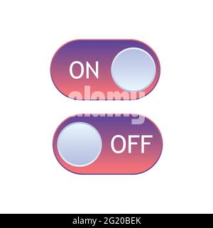 Interruttori colorati a icone piatte isolati su sfondo bianco. Icona interruttore a levetta, blu in posizione ON, grigio in posizione OFF. Modello per dispositivi mobili e Web Illustrazione Vettoriale