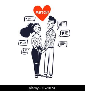Online dating concetto. Ragazza e ragazzo che tengono le mani circondati da messaggi di chat. Illustrazione vettoriale stile Doodle Illustrazione Vettoriale