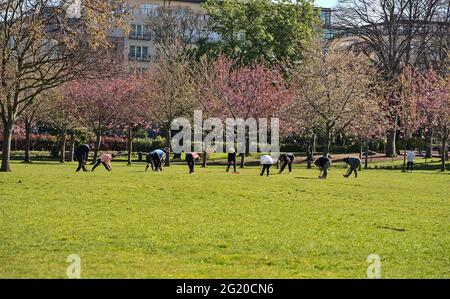 Splendida vista mattutina a distanza di un grande gruppo di adulti che frequentano una lezione di yoga che pratica la distensione sociale e l'esercizio di yoga all'esterno del Parco Herbert Foto Stock