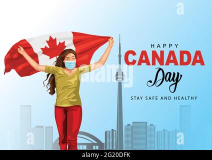 Happy Canada giorno 1 luglio, ragazza che corre con bandiera Canada. Illustrazione vettoriale. Biglietto d'auguri covid19, concetto di coronavirus. Illustrazione Vettoriale