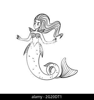 Set di creature magiche. Creatura mitologica - sirena. Illustrazione vettoriale in bianco e nero stile Doodle isolata su sfondo bianco. Design del tatuaggio o Illustrazione Vettoriale