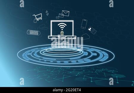 Interfaccia di cybersicurezza personale o aziendale con schermo virtuale blu con icone di connessione internet sicura. Illustrazione Vettoriale