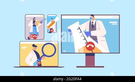 mix di ricercatori di razza discutere durante la videochiamata scienziati che fanno esperimenti chimici ingegneria molecolare Illustrazione Vettoriale