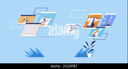 mix di ricercatori di razza discutere durante la videochiamata scienziati che fanno esperimenti chimici ingegneria molecolare Illustrazione Vettoriale