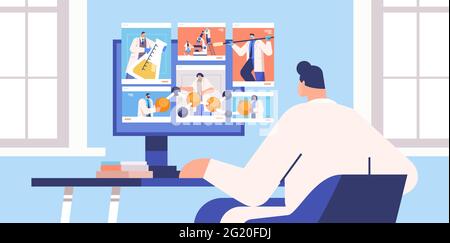 mix di ricercatori di razza discutere durante la videochiamata scienziati che fanno esperimenti chimici ingegneria molecolare Illustrazione Vettoriale