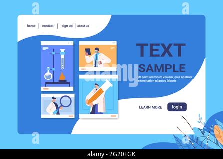 mix di ricercatori di corsa che lavorano con provette in web browser windows scienziati che fanno esperimenti chimici Illustrazione Vettoriale