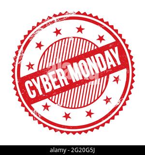 TESTO DEL CYBER MONDAY scritto su un francobollo rotondo rosso zig zag bordi. Foto Stock