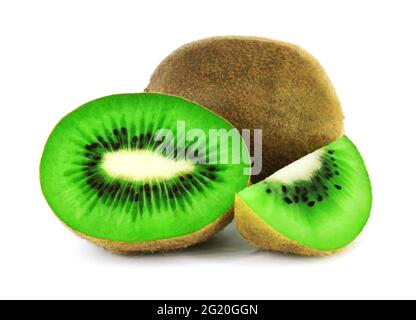 Un frutto kiwi, chiamato anche "kiwi", "kiwi", o "uva spina cinese", affettare il kiwi verticalmente a metà e poi in cunei. Posizionare il kiwi su un taglio Foto Stock