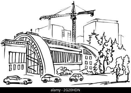 Edificio moderno con auto in un parcheggio sullo sfondo di case e una gru. Illustrazione Vettoriale