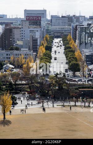 HIMEJI, GIAPPONE - 17 dicembre 2019: Himeji, Giappone - 30 novembre 2019: Vista aerea del centro di Himeji dal castello di Himeji a Hyogo, Giappone. Foto Stock