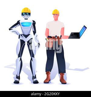 robot e lavoratore in hardhats operai di costruzione che stanno insieme concetto di intelligenza artificiale Illustrazione Vettoriale