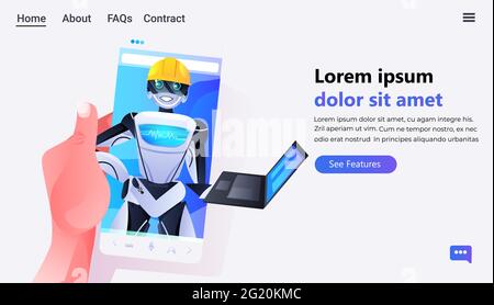utilizzo manuale dello smartphone con robot engineer nel casco utilizzando computer portatile moderno robot personaggio intelligenza artificiale Illustrazione Vettoriale